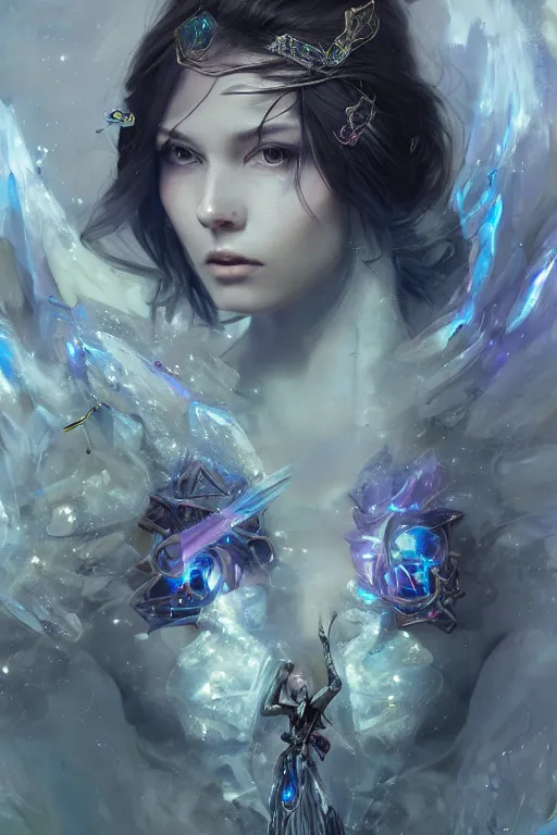 Prompt: torso of beautiful model wearing glass and ice dress, sorcerer, diamonds, angel, fantasy, dramatic lighting, highly detailed, digital painting, holding electricity, magic the gathering, hyper detailed, 3 d render, hyper realistic detailed portrait, peter mohrbacher, wlop, ruan jia