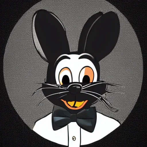 Image similar to A extremely highly detailed majestic hi-res beautiful, highly detailed head and shoulders portrait of a scary terrifying, horrifying, creepy black cartoon rabbit with a bowtie and scary big eyes, earing a shirt laughing, hey buddy, let's be friends, in the style of Walt Disney