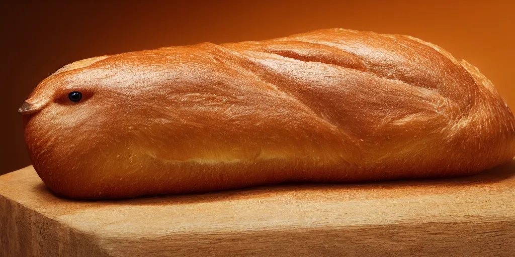 Image similar to A cute duck as a loaf of bread, realistic, close up, ambient lighting, ultra high detail.