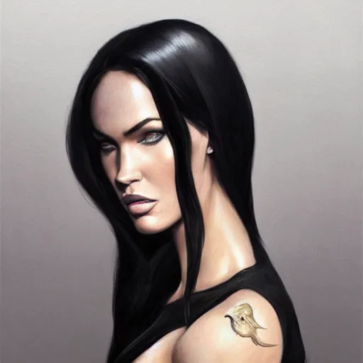 Image similar to portrait of megan fox in black business suit, sultry pose, fantasy, intricate, elegant, highly detailed, digital painting, artstation, concept art, matte, sharp focus, perfect face symmetry, illustration, art by aenaluck and roberto ferri and greg rutkowski, epic fantasy, digital painting