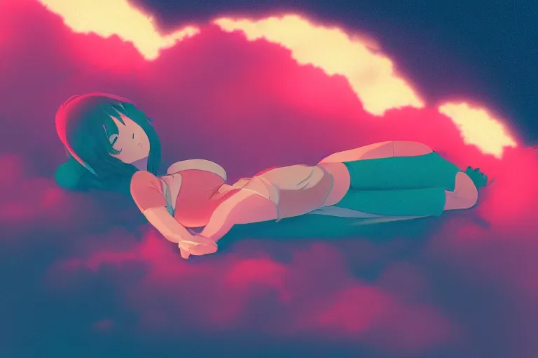 Image similar to a cute anime girl sleeping on a cloud, misty, glows, digital art, hazy, foggy, ambient lighting, 8 k, neon, synthwave,