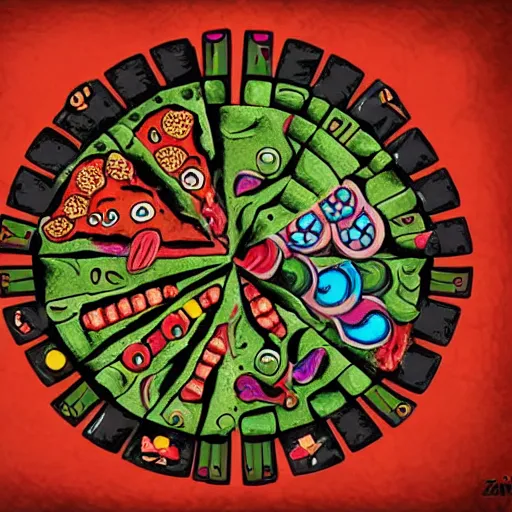 Prompt: Pizza zodiac, mayan style, concept art, detailed