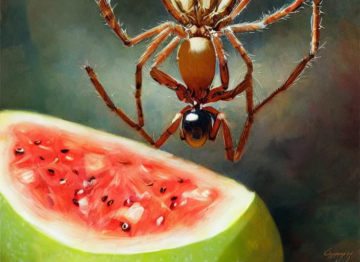 Image similar to a highly detailed beautiful portrait of a spider paying for a watermelon, by gregory manchess, james gurney, james jean