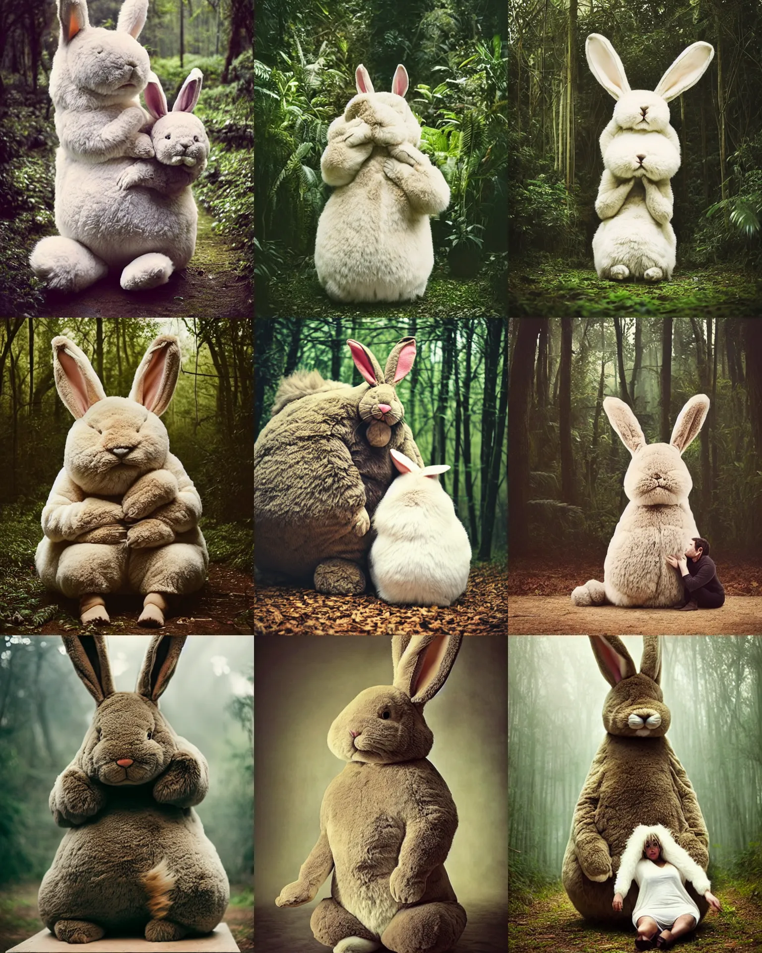 Prompt: begging pose !! giant oversized furry rabbit obese loser !! with big head and big ears , sits on a jungle forest head down , full fur body , Cinematic focus, Polaroid photo, vintage , neutral dull colors, soft lights, foggy , backlight weather, by oleg oprisco , by victor enrich