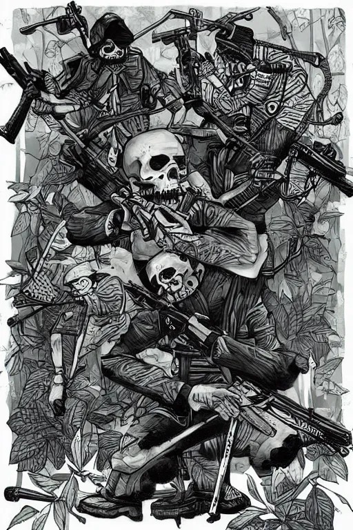 Image similar to a ninja sneaking around in the jungle surrounded by skeletons with ak - 4 7 artwork by eko nugroho