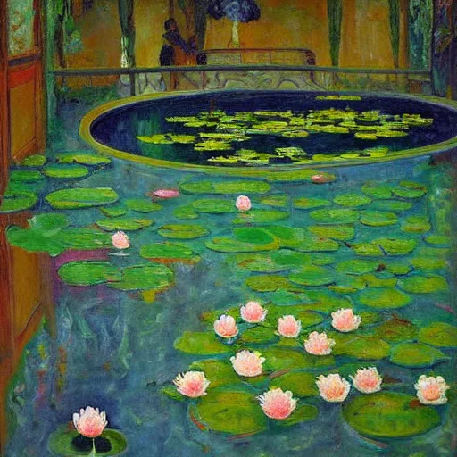 Image similar to A peaceful painting that shows a pond with water lilies floating on the surface. The colors are soft and calming, and the overall effect is one of serenity and relaxation. neon, manichaean artwork, grim dark by Heinrich Lefler, by Chaïm Soutine, by Arkhyp Kuindzhi wondrous, digital art