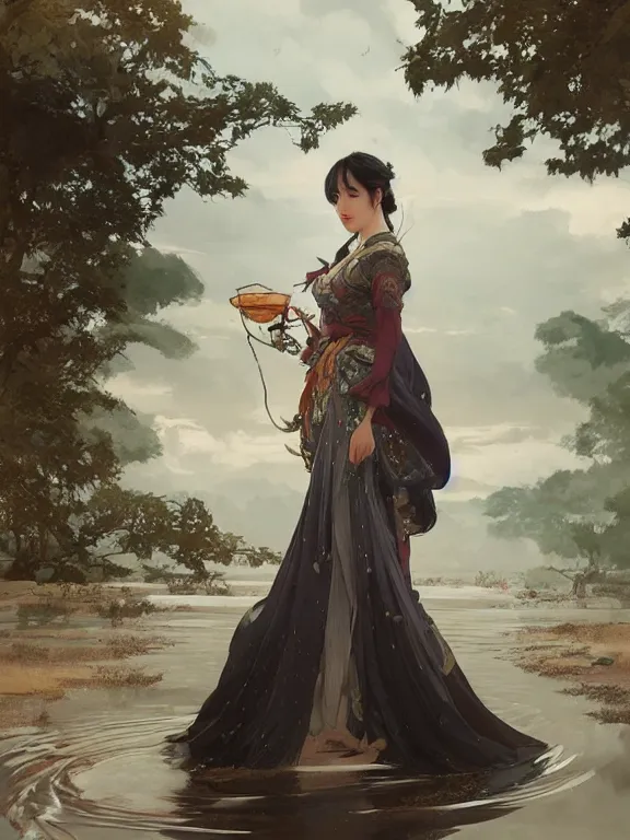 Image similar to portrait of a beautiful seductive slightly plump european girl wearing hanfu walking on water, farm background, fantasy, d & d, dark eyeliner, intricate, elegant, highly detailed, digital painting, artstation, concept art, matte, sharp focus, illustration, art by greg rutkowski and alphonse mucha
