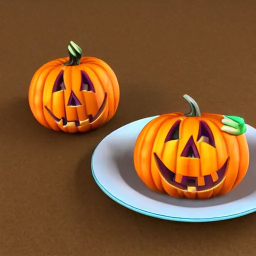 Image similar to 3 d cartoon style full view of a plate with 3 delicious 3 d pumpkin turnovers with glazing in the style of disney and pixar, c 4 d, farmville