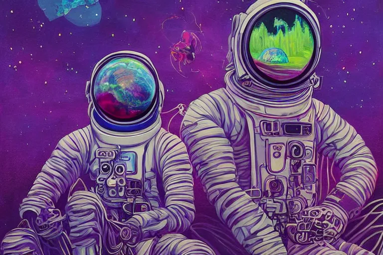 Image similar to surreal painting by chesley bonestelll!!, 1 2 an astronaut sitting near a river + psychedelic vegetation + purple, pink, blue + planets and stars + mystic fog, 5 0's vintage sci - fi style, rule of third!!!!, line art, 8 k, super detailed, high quality