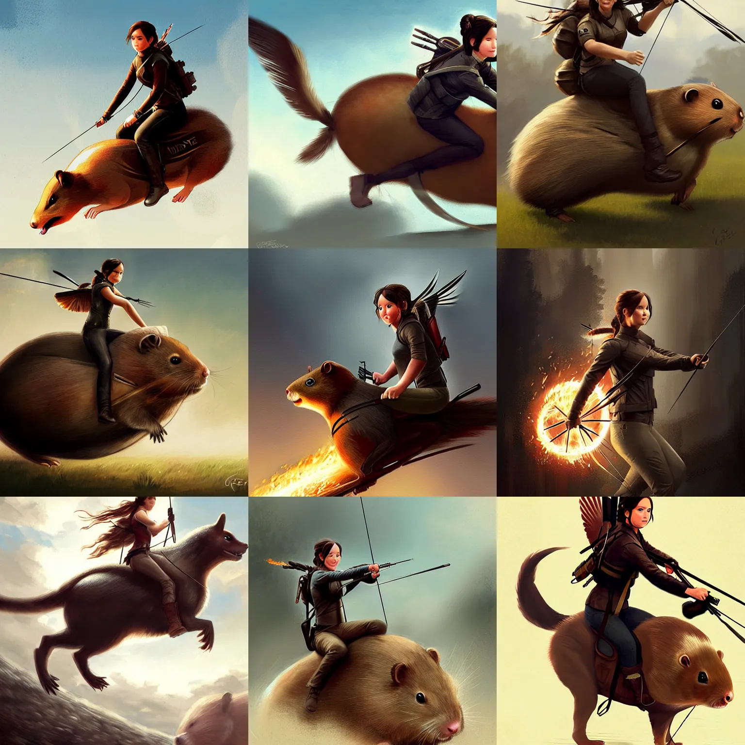 Prompt: katniss everdeen riding on the back of a giant hamster, digital art by greg rutkowski
