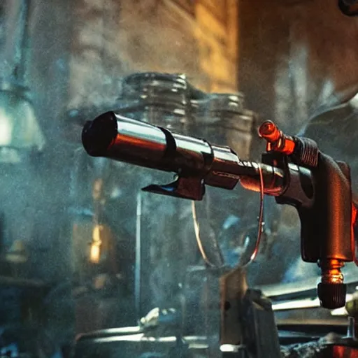 Image similar to gun made from old egg beater, balding older cyborg repairing, red hot soldering iron, dark messy smoke - filled cluttered workshop, dark, dramatic lighting, orange tint, cinematic, highly detailed, sci - fi, futuristic, movie still from blade runner