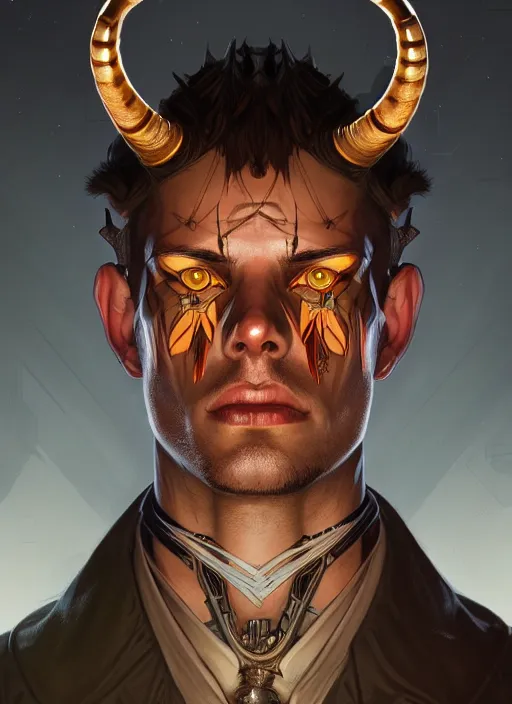 Image similar to symmetry!! portrait of horned borderlands 3 ( male ) psycho, intricate, elegant, highly detailed, digital painting, artstation, concept art, smooth, sharp focus, illustration, art by artgerm and greg rutkowski and alphonse mucha, 8 k