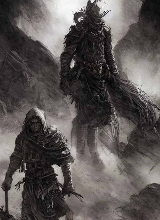 Image similar to portrait, Nomadic warriors wandering the wasteland of purgatory, watercolor, dramatic lighting, cinematic, establishing shot, extremely high detail, foto realistic, cinematic lighting, pen and ink, intricate line drawings, by Yoshitaka Amano, Ruan Jia, Kentaro Miura, Artgerm, post processed, concept art, artstation, matte painting, style by eddie mendoza, raphael lacoste, alex ross