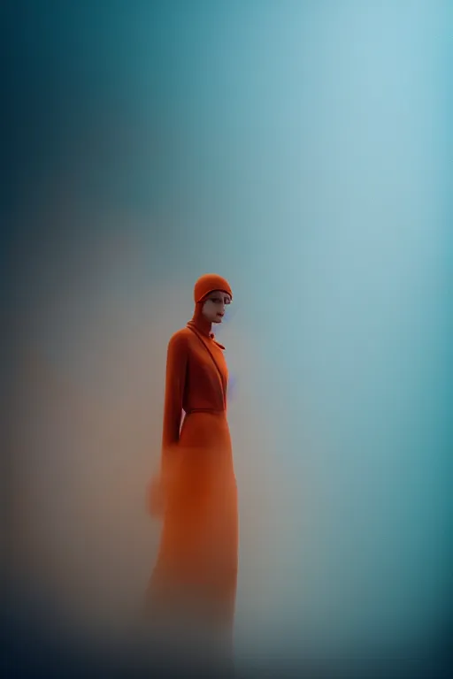 Image similar to a runway model wearing dorhout mees, macro photography, long exposure photograph, surrealism, anamorphic bokeh, cozy, soft light, orange and teal, caustic, atmospheric fog, octane render, cinematic