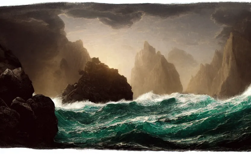 Image similar to large rock in the middle of the ocean, large waves, close up shot, rocky, at dusk, 4k, rule of thirds, extreme detail, hazy, intricate ink illustration, surreal, surrealist, trending on artstation, cgsociety, hd, complimentary colours, realistic lighting, by Albert Bierstadt, Frederic Edwin Church.