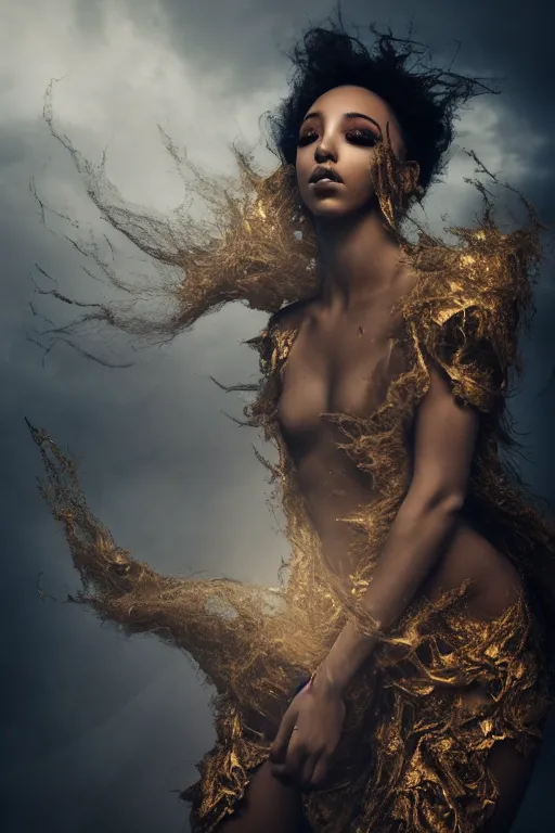 Image similar to photoshoot of tinashe as mysterious dark goddess of death, realism, clouds, swirling energy, torn fabric, elaborate ornate growth, gilded relief, volumetric lighting, light shafts, ambient light, trending on artstation, by alessio albi