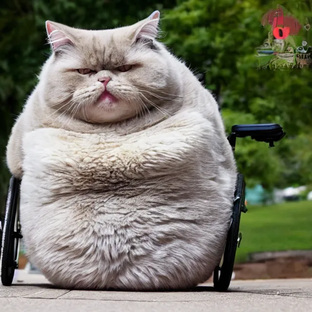 Image similar to fisheye photo of super fat angry cat sitting in a wheelchair