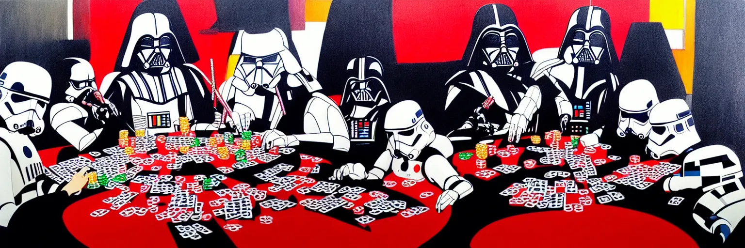 Image similar to hyperrealism composition of the detailed woman in a japanese kimono sitting at an extremely detailed poker table with darth vader and stormtrooper, fireworks on the background, pop - art style, jacky tsai style, andy warhol style, acrylic on canvas