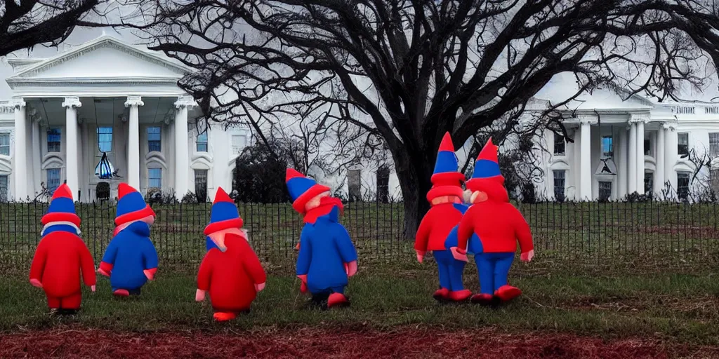 Prompt: demonic gnomes looking at the White House