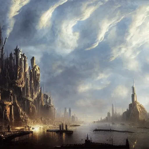 Image similar to enormous flying city in a faberge egg, sky, steampunk, fantasy art, masterpiece, hugh ferriss, unreal engine, peder balke, andreas achenbach cloudy background