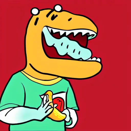 Image similar to a cartoon t - rex eating a hot dog