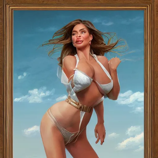 Prompt: clear portrait of a lushious sofia vergara, wide hips, cottagecore!!, background hyper detailed, character concept, full body, dynamic pose, intricate, elegant, highly detailed, digital painting, artstation, concept art, smooth, sharp focus, illustration, art by artgerm and greg rutkowski and alphonse mucha