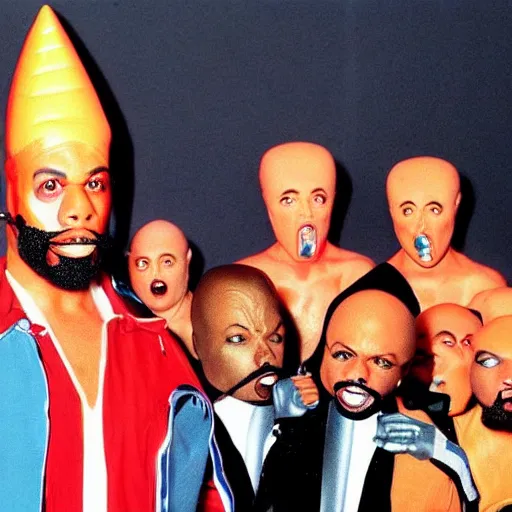 Prompt: conehead mr. t pop band, detailed facial expressions, 1 9 8 0 s aesthetic