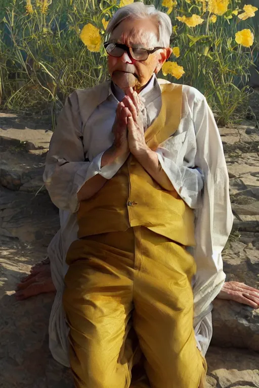 Image similar to warren buffet godly clothes meditating in the sun, yellow lighting ultra realistic photorealistic highly detailed high quality, a stunningly, digital painting, artstation, concept art, smooth, sharp focus, illustration, art by artgerm and greg rutkowski and alphonse mucha 8 k