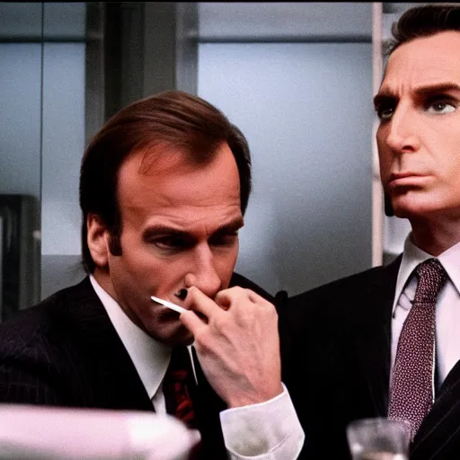 Prompt: Saul Goodman and Patrick Bateman sitting in a couch and smoking
