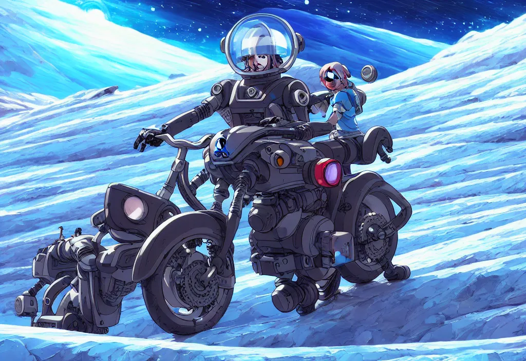 Image similar to a small chubby futuristic bike on a glacier on an alien planet, intricate oil painting, high detail illustration, sharp high detail, manga and anime 1 9 9 9, official fanart behance hd artstation by jesper ejsing and makoto shinkai, 4 k,