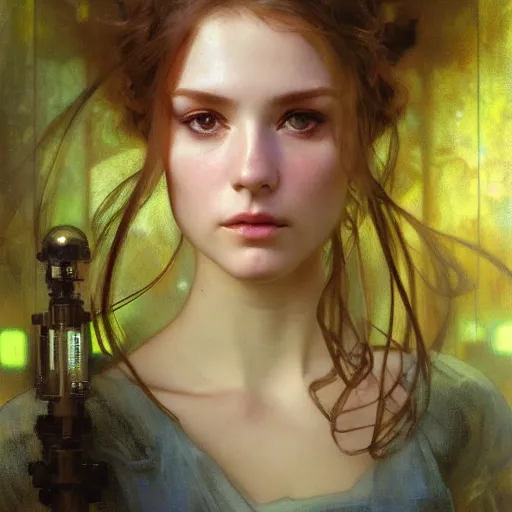 Image similar to hyperrealist portrait of a pretty young female android with large intelligent eyes standing in front of a computer simulation by jeremy mann and alphonse mucha and alan lee, fantasy art, photo realistic, dynamic lighting, artstation, poster, volumetric lighting, very detailed faces, award winning, full face, symmetry