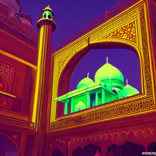 Image similar to if The Taj Mahal was built in cyberpunk 2077, hyper-realistic, futuristic, neon lights, digital art, cinematic 3d render