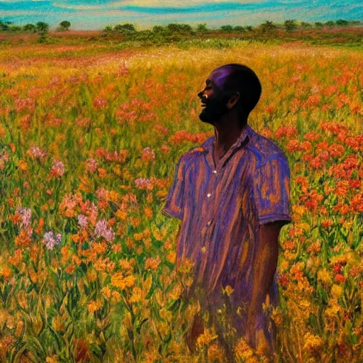 Image similar to an east african man in a vast field of flowers, looking off into the sunset, relaxing, wide shot, golden hour, vintage, impressionist painting, fine art, oil painting, dreamy, pastel, laughing, happy, intricate details, sharp, peaceful, serene