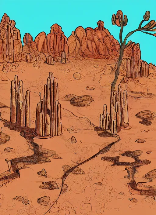 Image similar to a cartoon illustration of a desert with large arcs and sandstone pillars, digital illustration by charles huettner, digtial illustration, generative art