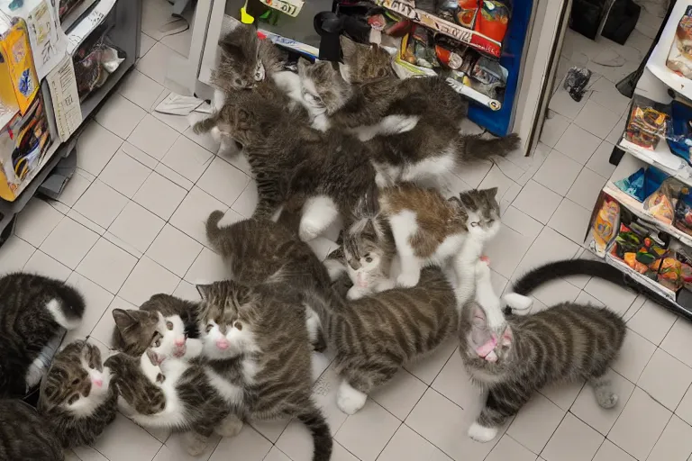 Image similar to overhead view, surveillance, empty store with some kittens sitting on the floor looking directly at the focal point of the camera