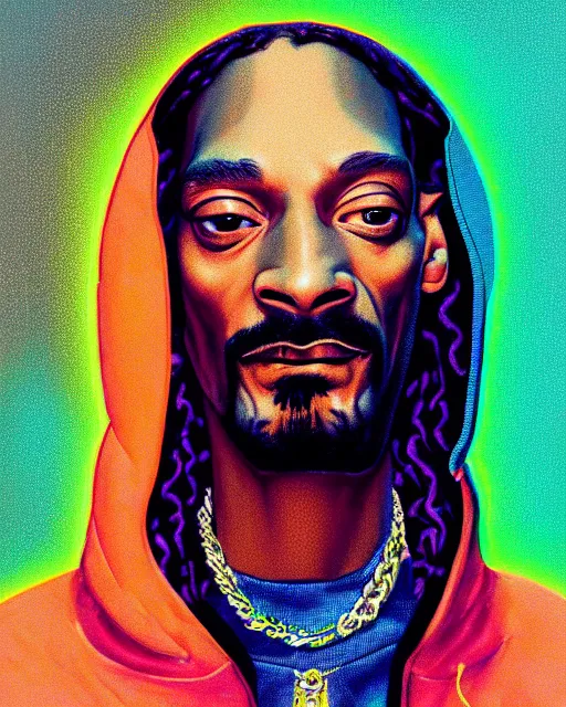 Image similar to detailed full body portrait of snoop dogg, cyberpunk futuristic neon, orange reflective puffy coat, decorated with traditional Japanese ornaments by Ismail inceoglu dragan bibin hans thoma greg rutkowski Alexandros Pyromallis Nekro Rene Maritte Illustrated, Perfect face, fine details, realistic shaded, fine-face, pretty face