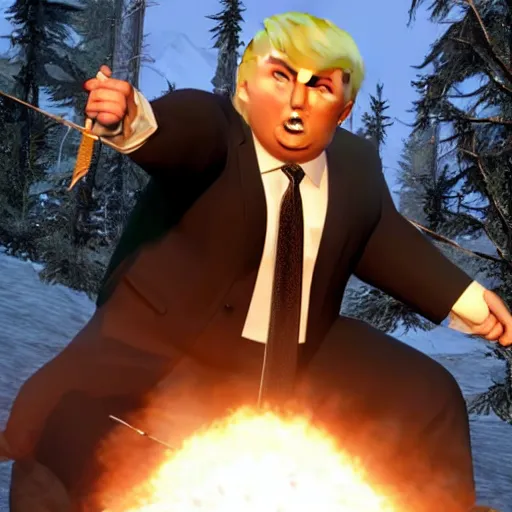 Prompt: fat Donald trump as a Skyrim character with an arrow shot through his knee