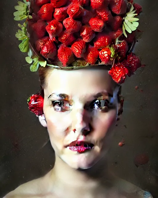 Image similar to beauty portrait, drew barrymore, strawberries, headgear leaves, wild berries, by tom bagshaw, greg rutkowski, ilya kuvshinov, craig mullins, intricate background
