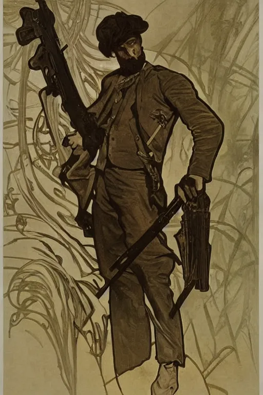 Image similar to portrait of John Brown holding a rifle, lithograph by Alphonse Mucha