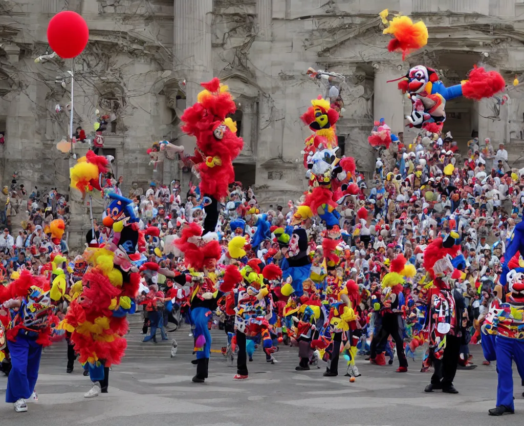 Prompt: a group of angry clowns wearing uniforms from major corporations attacking a government building