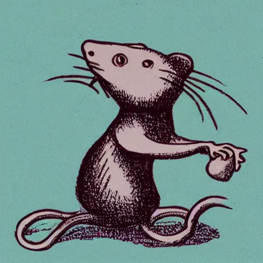 Image similar to a risograph of a rat trying to lift a rock