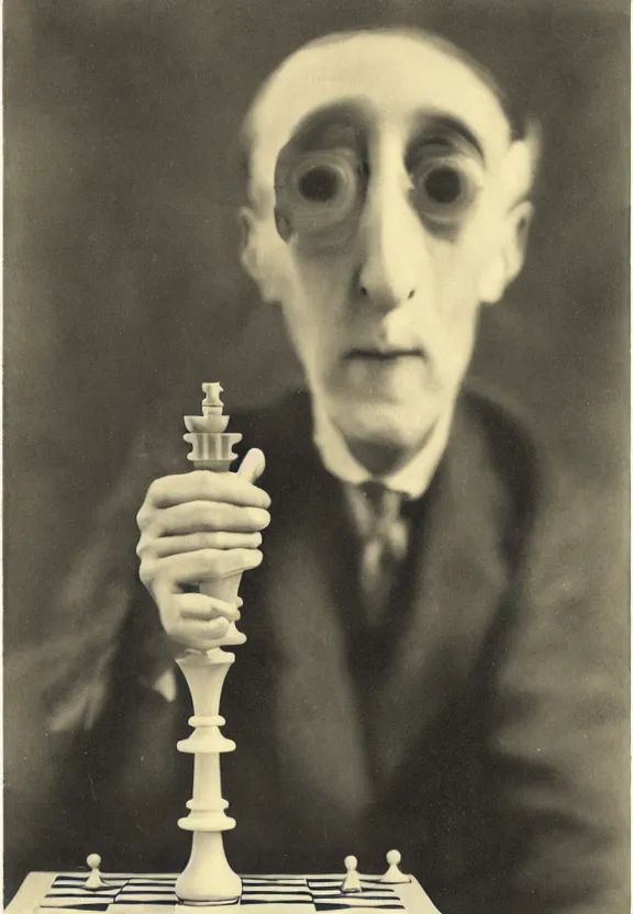 Image similar to a man holding up a single chess piece, a surrealist painting by marcel duchamp, complex artificial intelligence machinery, flickr contest winner, stuckism, surrealist, studio portrait, 1 9 2 0 s