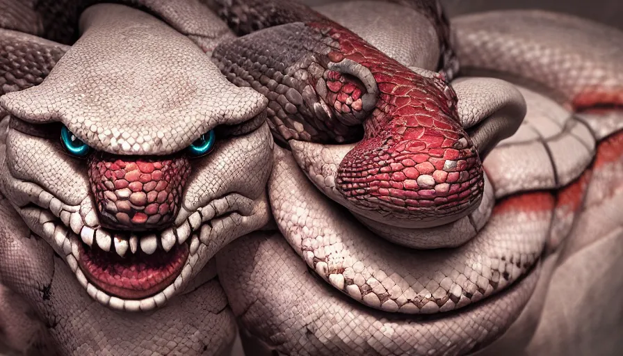 Prompt: hybrid of a happy snake and sad clown, beautiful detailed face, ultra realistic, concept art, intricate details, serious, highly detailed, photorealistic, octane render, 8 k, unreal engine.