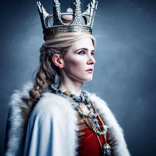 Image similar to photo of a beautiful nordic queen with ornate crown and cloak highly detailed, 4k, HDR, smooth, sharp focus, high resolution