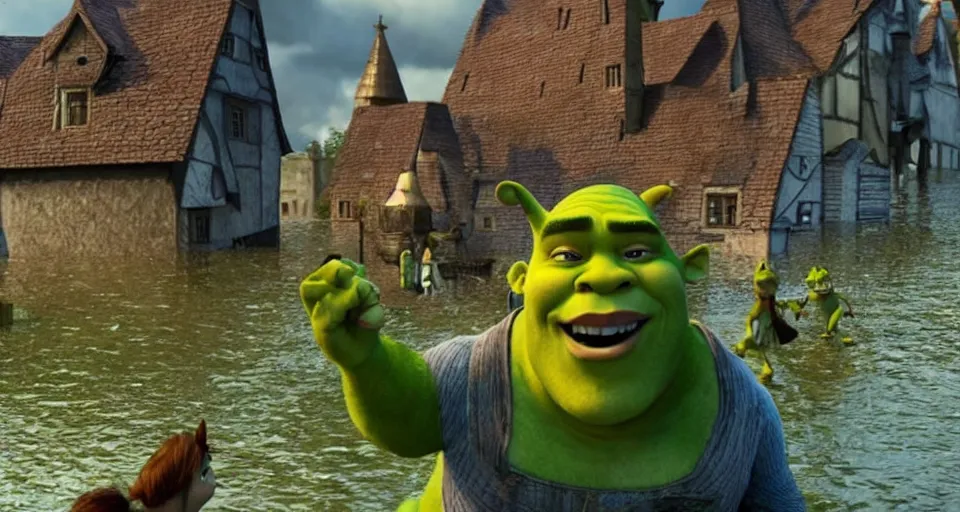 Prompt: Shrek saving a small german town that is being flooded, movie screenshot, dramatic scene