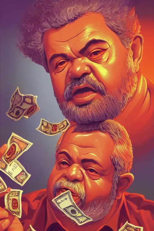 Image similar to a highly detailed beautiful portrait of Luiz Inácio Lula da Silva in Hell wearing a hawaiian shirt, counting money in front of people, highly detailed, 2d game fanart behance hd by Jesper Ejsing, by RHADS, Makoto Shinkaih and Lois van baarle, ilya kuvshinov, rossdraws global illumination, cinematic , hyper-reslistic, depth of field, coherent, high definition, 8k resolution octane renderer, artstation