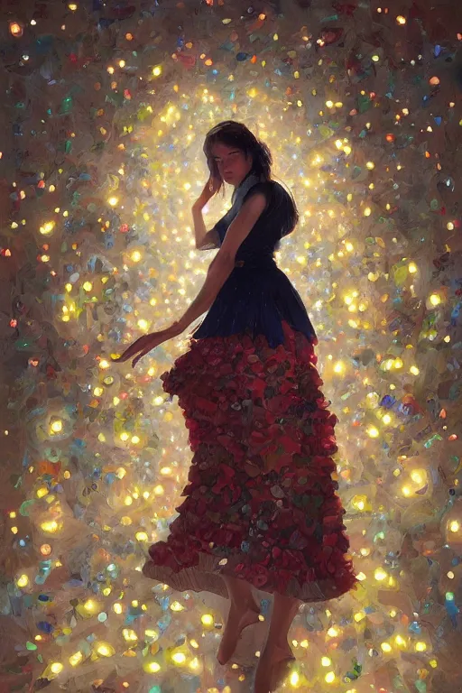 Image similar to portrait of spanish girl dancing with a skirt made out of fruit bananas, intricate, elegant, glowing lights, highly detailed, digital painting, artstation, sharp focus, illustration, art by wlop, mars ravelo and greg rutkowski