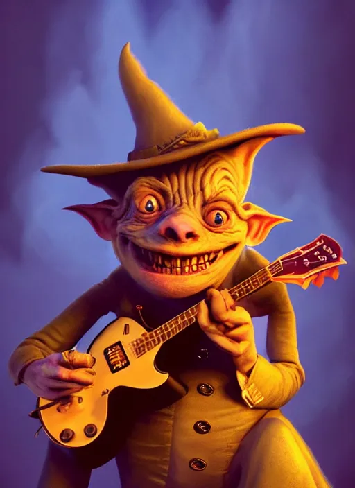 Image similar to a cute sharply dressed goblin playing the blues on an old guitar, in the style of boris valejo and terry gilliam, fantastic, dramatic lighting, smoke, mist, forest, hyperrealistic, photorealistic, accurate, detailed, octane render