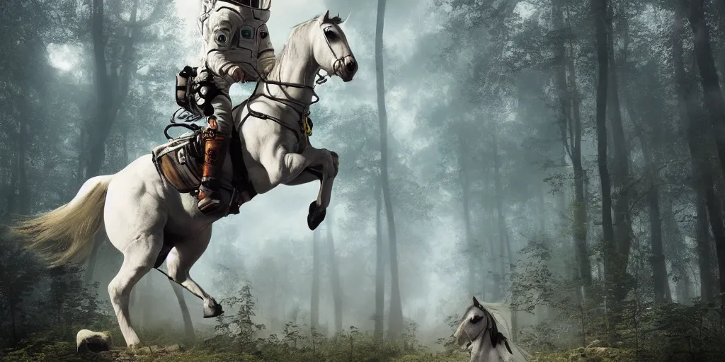 Image similar to a single astronaut riding on the back of a white horse through a forest, a detailed matte painting by frieke janssens, featured on cgsociety, fantasy art, matte painting, reimagined by industrial light and magic, matte drawing