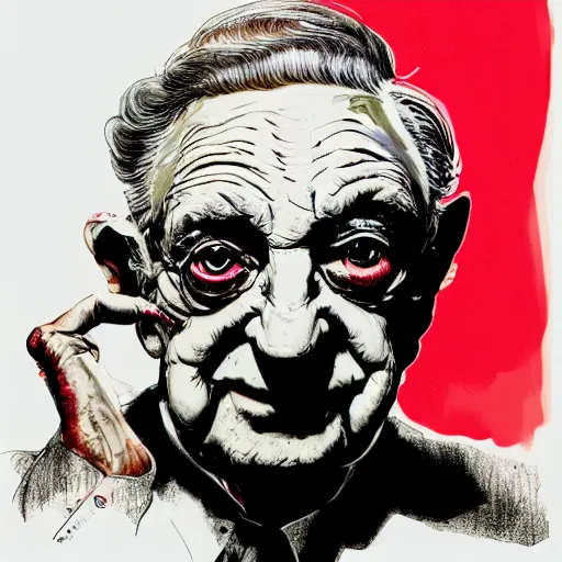 Image similar to George Soros by Ralph Steadman, illustration, body horror, biopunk